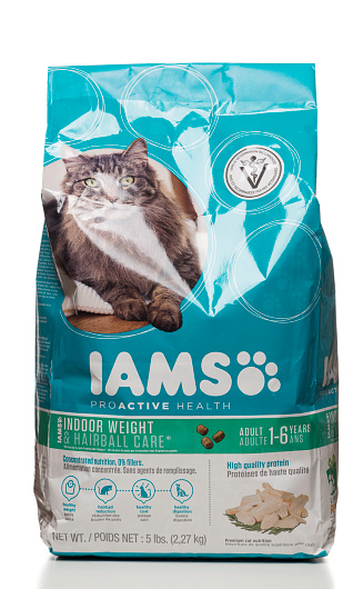 Miami, USA - February 8, 2015: IAMS indoor weight & hairball care cat food bag