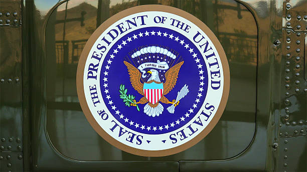 Presidential Seal on the side of Presidential Helicopter "Marine Simi Valley, CA, USA - January 8, 2016: Presidential Seal on the side of Presidential Helicopter "Marine One" at the Ronald Reagan Presidential Library president photos stock pictures, royalty-free photos & images