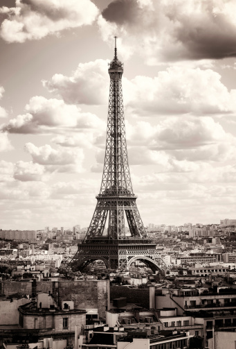 Paris La Tour Eiffel sepia-toned black and white image. This is a vertical panoramic stitch of 4 images for added size and detail.