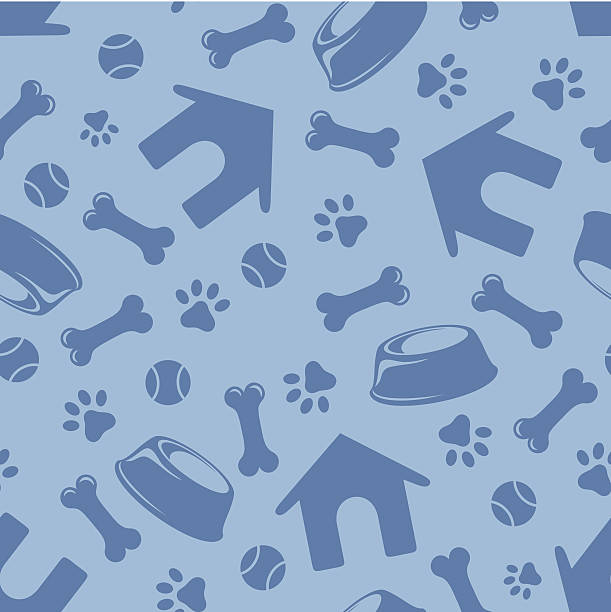 Seamless blue pattern with dogs symbols. Vector illustration. Vector seamless blue pattern with doghouses, paws, bones, bowls and balls. kennel stock illustrations