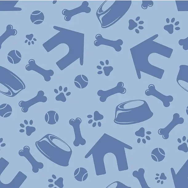 Vector illustration of Seamless blue pattern with dogs symbols. Vector illustration.
