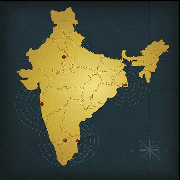 Vector illustration of India map on dark background with grid and markers