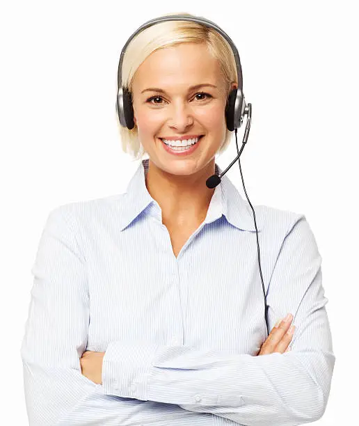 Portrait of confident female customer service representative wearing headset over white background. Horizontal shot.