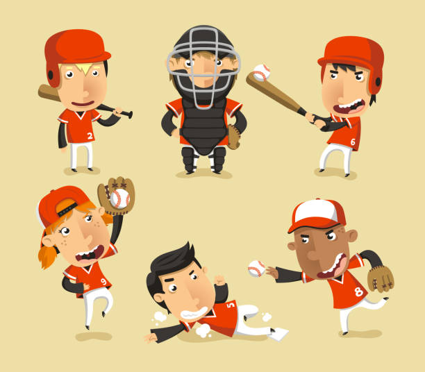 ilustraciones, imágenes clip art, dibujos animados e iconos de stock de niños de equipo de béisbol - baseball baseball player baseballs catching