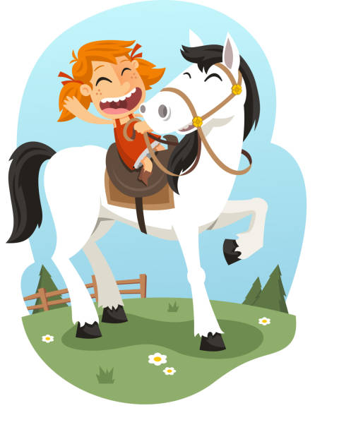 ilustraciones, imágenes clip art, dibujos animados e iconos de stock de little girl riding caballo - foal child mare horse