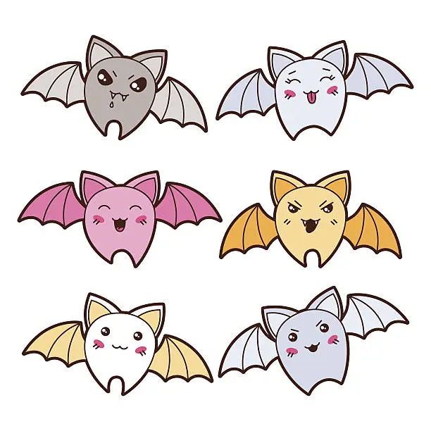 Vector illustration of Set of kawaii bats with different facial expressions.