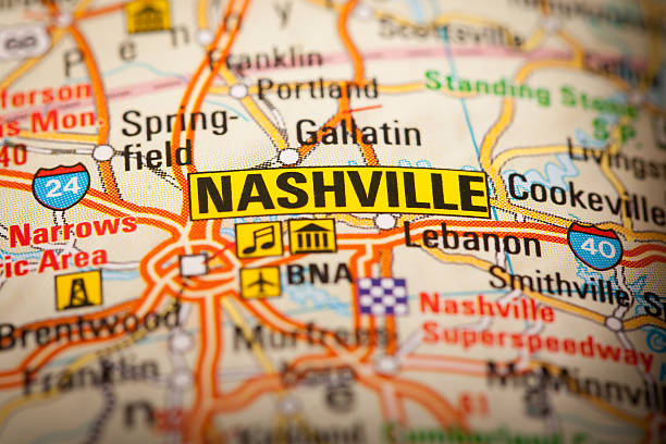 Nashville City on a Road Map Map Photography: Nashville City on a Road Map tennessee map stock pictures, royalty-free photos & images