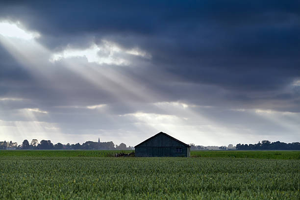 wooden hut over sky with sunbeams on farmland