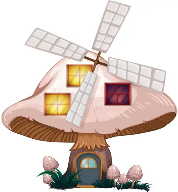 Vector illustration of Mushroom house with a windmill