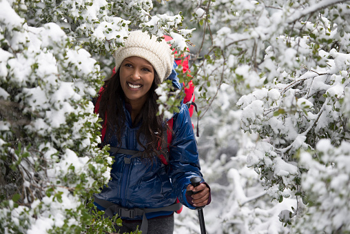 Winter woman hiking  outdoor in snowy weather.