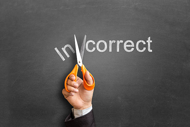 istock Scissor cutting incorrect word on blackboard 504274456