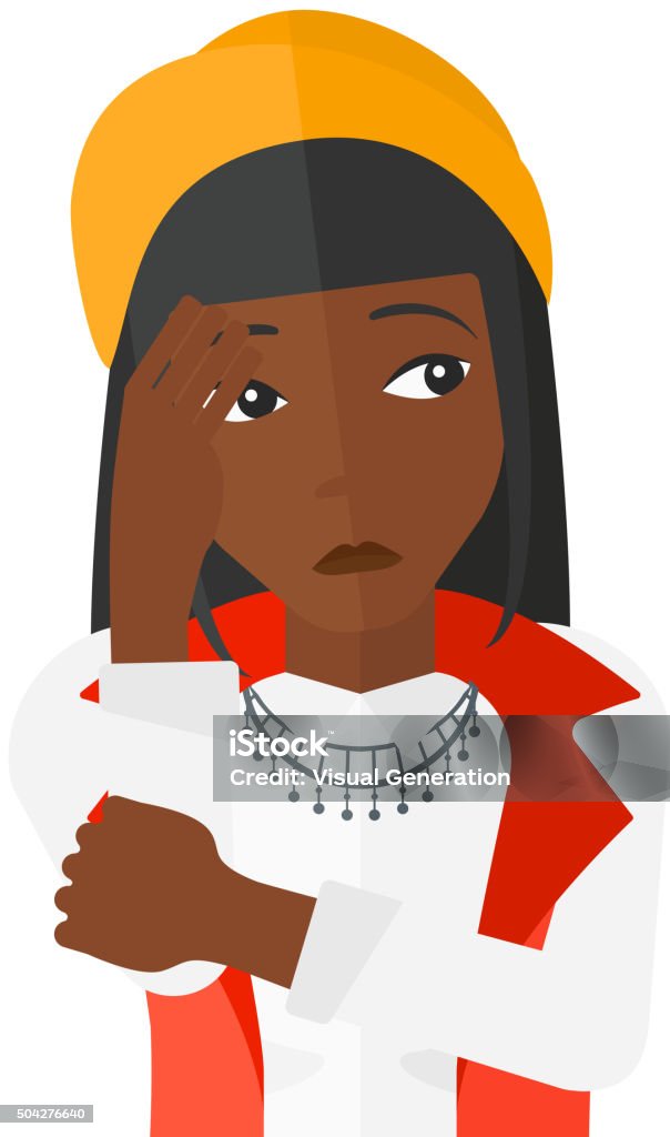 Ashamed young woman Ashamed an african-american woman covering face with her hand vector flat design illustration isolated on white background.  Cartoon stock vector