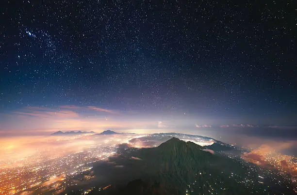 Indonesia, Bali, View of Batur volcano (1,717 m) from the peak of Agung (3,142 m).
