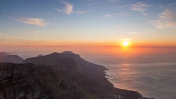 Cape Town in summer, view from the famous table mountain during sunset as an romantic moment