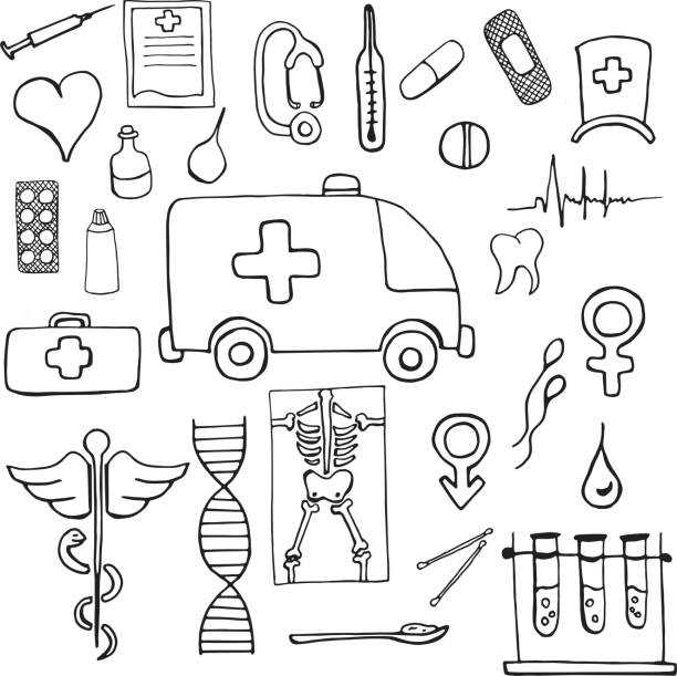 stockillustraties, clipart, cartoons en iconen met set of medical symbols and signs hand drawn - zalf tekening