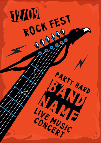 Music poster with a guitar riff in the shape of an eagle. Rock background.