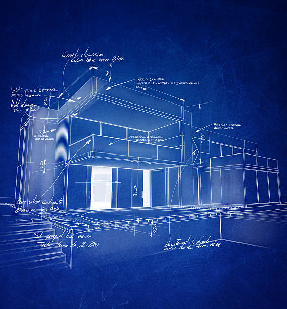 Chalk technical blueprint Technical architecture drawing with chalky white strokes on a blue background wire frame model photos stock pictures, royalty-free photos & images