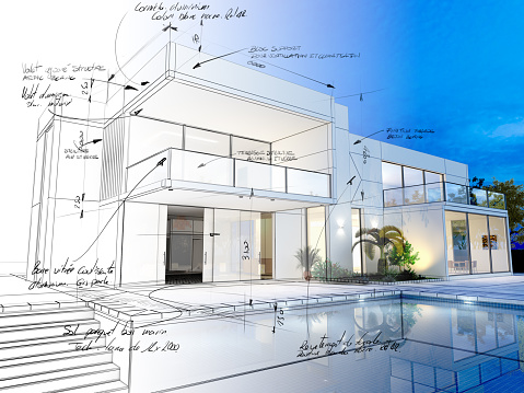3D rendering of a luxurious villa with contrasting realistic rendering and wireframe and notes