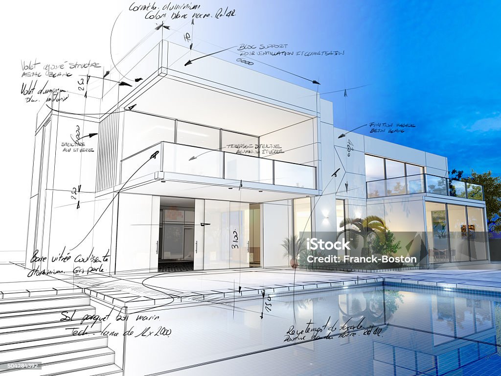 Villa technical draft 3D rendering of a luxurious villa with contrasting realistic rendering and wireframe and notes Home Showcase Interior Stock Photo