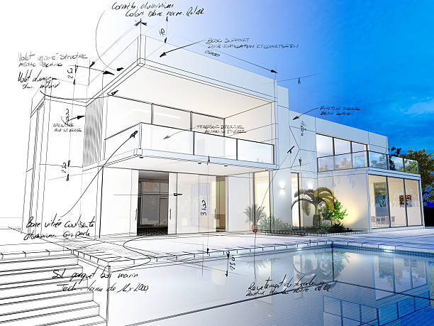 Villa technical draft 3D rendering of a luxurious villa with contrasting realistic rendering and wireframe and notes show home stock pictures, royalty-free photos & images
