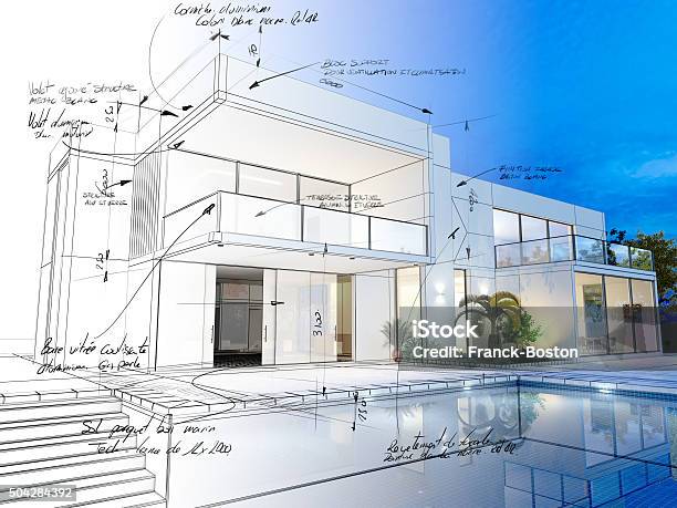 Villa Technical Draft Stock Photo - Download Image Now - Home Showcase Interior, Plan - Document, Architecture