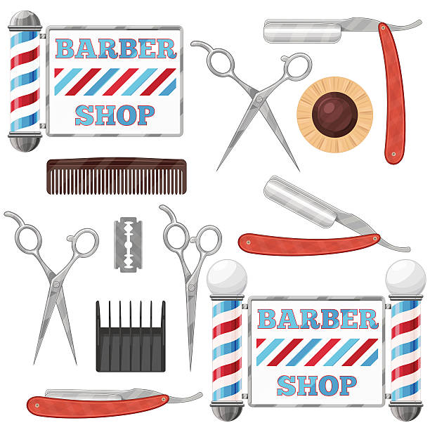 ilustraciones, imágenes clip art, dibujos animados e iconos de stock de barber shop herramientas - barbers pole