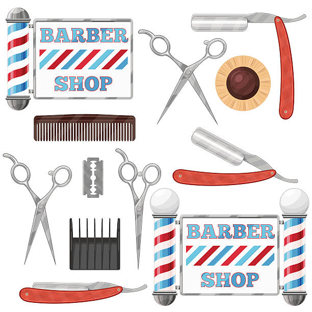 illustrazioni stock, clip art, cartoni animati e icone di tendenza di strumenti di barbiere - barbers pole