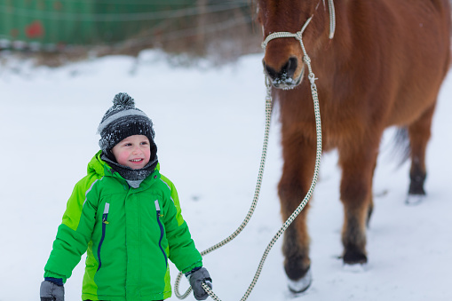 smiling young boy leading his horse in snow