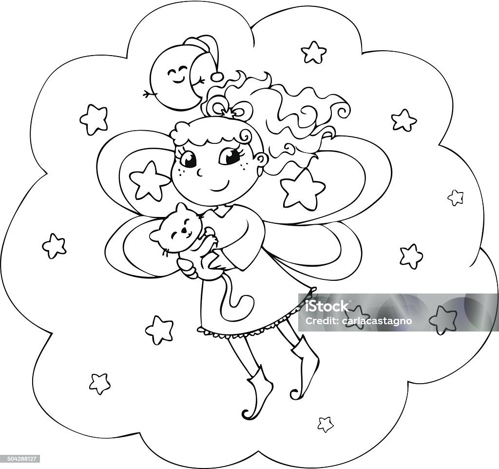 Cartoon coloring fairy-lady in the night sky Cute young fairy lady with cat in a starry night. Coloring cartoon illustration for little children. Adult stock vector