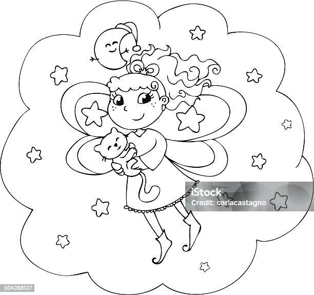Cartoon Coloring Fairylady In The Night Sky Stock Illustration - Download Image Now - Adult, Child, Coloring