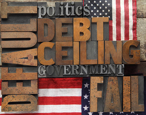 default and related words with flags default, debt ceiling and other words in wood and metal type debt ceiling stock pictures, royalty-free photos & images