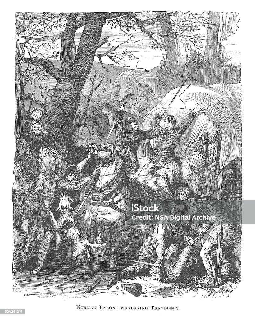 Norman Barons Waylaying i viaggiatori (incisione) antico - Illustrazione stock royalty-free di Accessori di abbigliamento storico