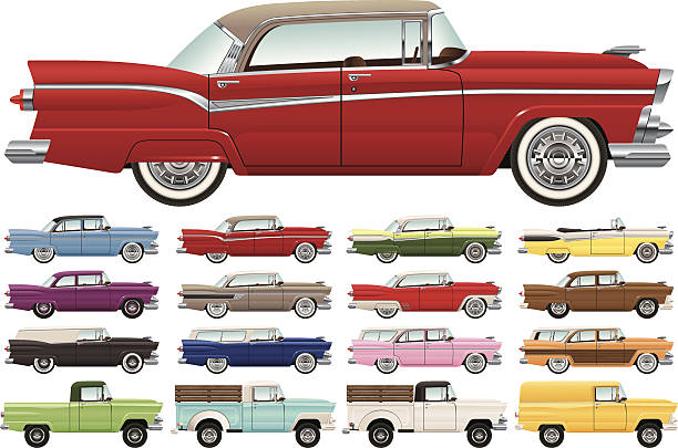 1950s Era Car Lineup Detailed vector drawing of a 1950s era car lineup, including sedans, coupes, hardtops, trucks, wagons, a van and a convertible. collectors car stock illustrations