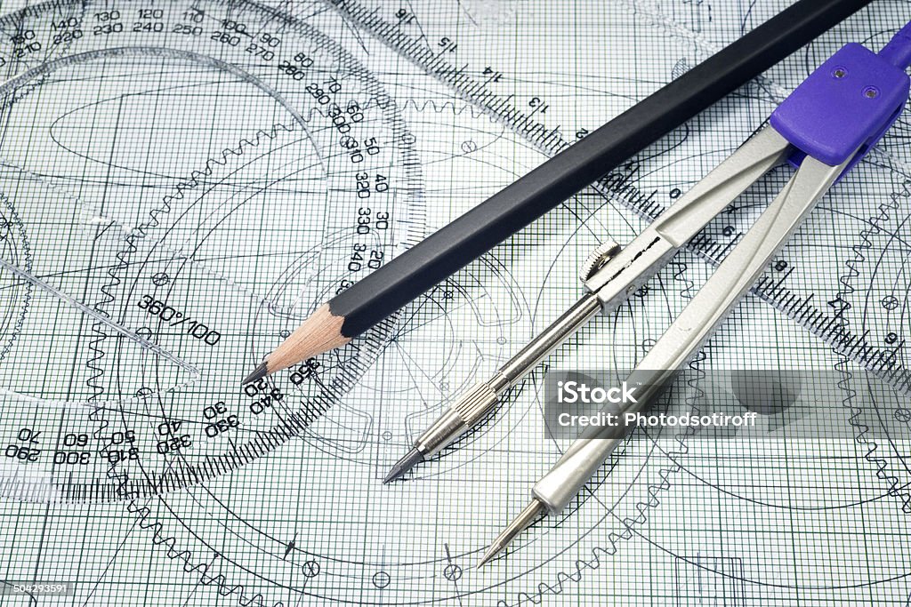 Zeichnung, Winkelmesser, Bleistift und Kompass - Lizenzfrei Abstrakt Stock-Foto