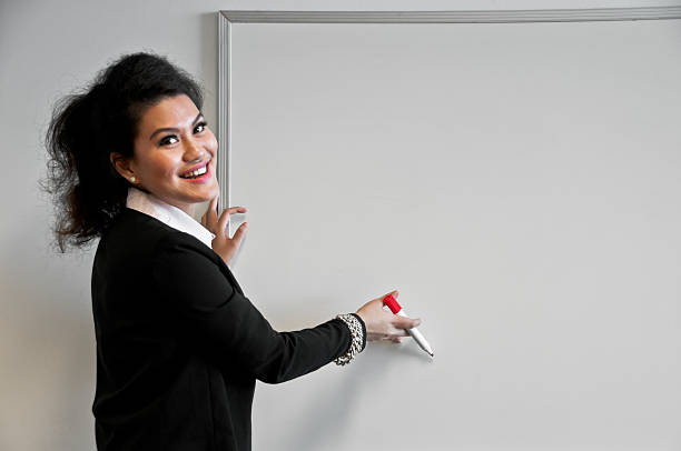 istock Business woman present with draw board on white background 504299662