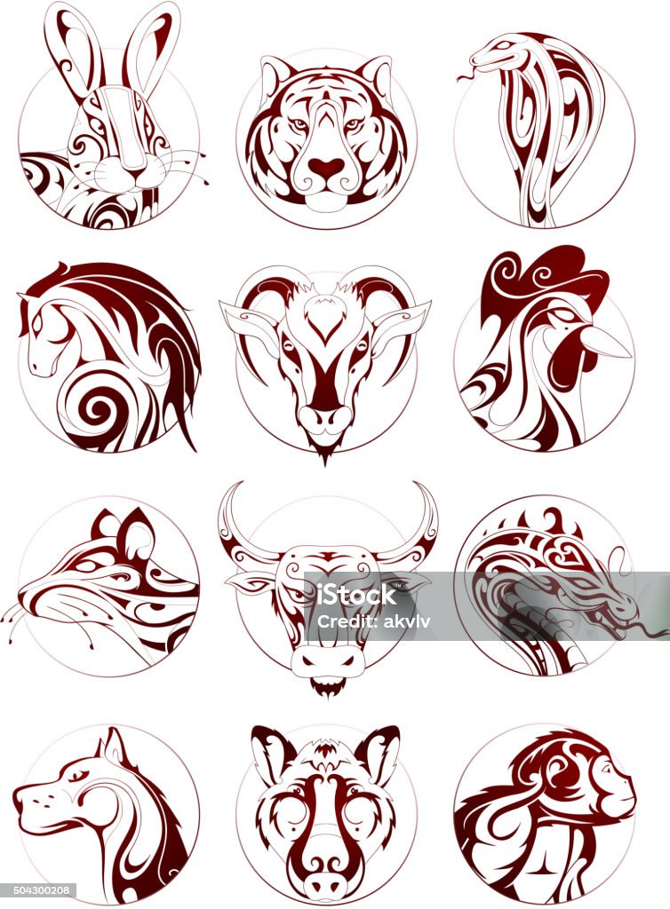 Animaux du zodiaque chinois ensemble - clipart vectoriel de Signe du zodiaque chinois libre de droits