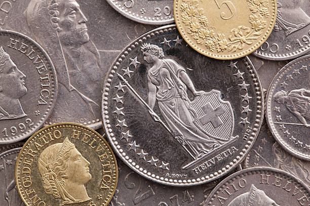 istock Different coins of Swiss money 504300448
