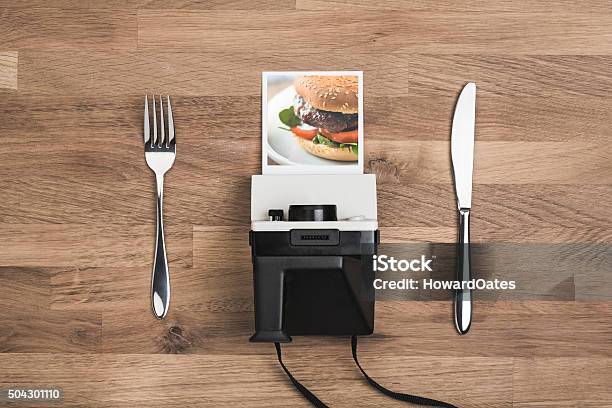 Food Photography Concept With Vintage Polaroid Camera Stock Photo - Download Image Now