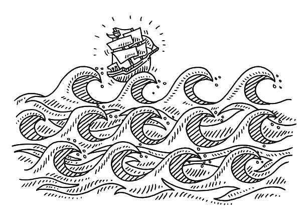 rough wellen comic segeln schiff zeichnung - ship storm passenger ship sea stock-grafiken, -clipart, -cartoons und -symbole