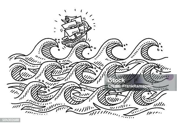 Rough Sea Waves Cartoon Sailing Ship Drawing Stock Illustration - Download Image Now - Wave - Water, Sea, Nautical Vessel