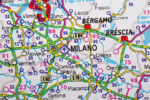Map view of Milano, Italy on a geographical map