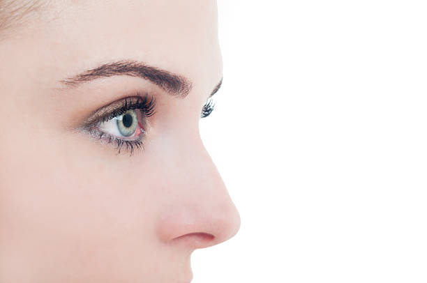 istock Half face of a woman on white copy space 504305666