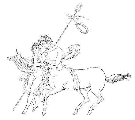 Antique illustration of wall painting from the archaeological site of Ercolano (Naples, Italy) reproducing a male Centaur (mythological creature with the upper body of a human and the lower body of a horse) with a young boy. Those creatures are Dionysiac creatures as it can be understood from the iconography. The male centaur is a Satyr, he is  playing cithara with a very young boy and has a thyrsus (staff of giant fennel topped with a pine cone, symbol of, fertility and hedonism associated with Dionysus)