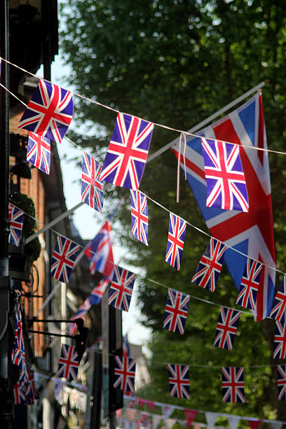 Queens Jubilee Street Scene Abstract Union Jack Bunting Scene Surbiton Kingston Upon Thames Surrey London England british royalty photos stock pictures, royalty-free photos & images