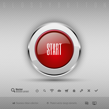 Red and gray glossy button with set of icons. Vector business design elements.
