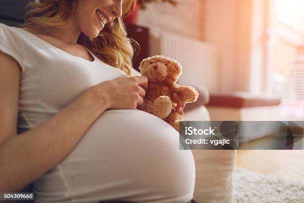 Photo libre de droit de Femme Enceinte Tenant Ours En Peluche banque d'images et plus d'images libres de droit de Être enceinte - Être enceinte, Femmes, Une seule femme