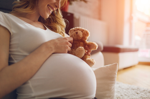 Pregnant Woman Holding Teddy Bear and smiling, sitting on the floor in her living room.  Wearing white T-shirt . Woman has brown curly hair and beautiful smile. Sunlight in background.