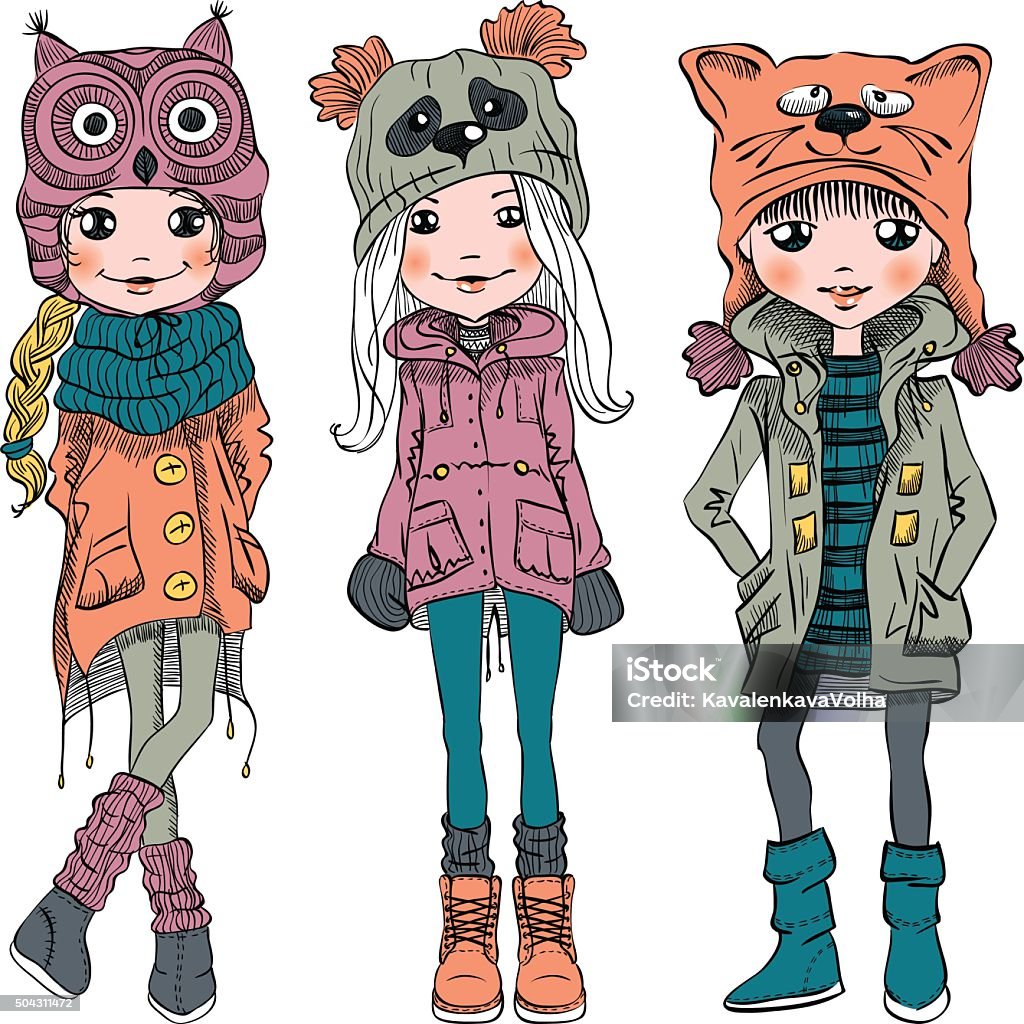 Vector set cute girls in funny hats Vector cute beautiful fashionable girls in funny hats with muzzle cat, panda and owl Domestic Cat stock vector