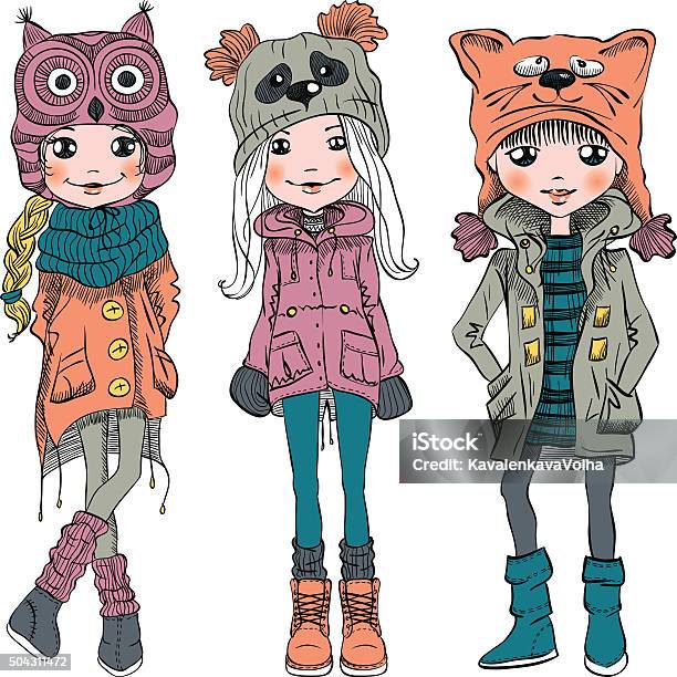 Vector Set Cute Girls In Funny Hats Stock Illustration - Download Image Now - Domestic Cat, Girls, Hat