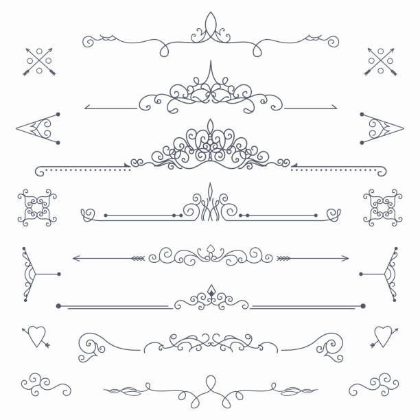 Calligraphic vector dividers Collection of vintage patterns. Flourishes calligraphic dividers. Vector template ring bearer stock illustrations